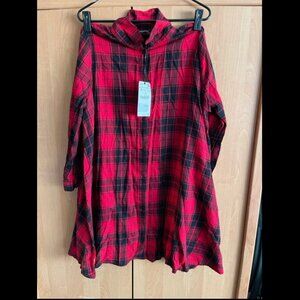 NWT Zara Woman Premium Denim Collection Button Up Black & Red Plaid Tunic Size M